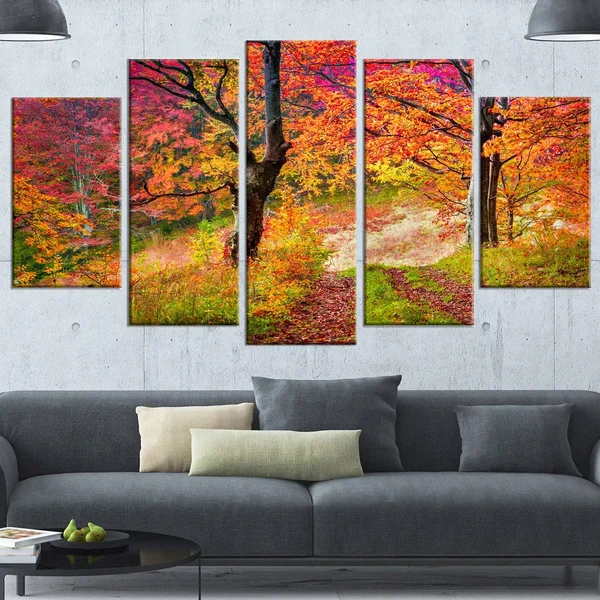 Designart &Bright Colorful Fall Trees in Forest& Large Landscape Art Canvas Print - Orange - 60 in. Wide x 32 in. High - 5 Panel