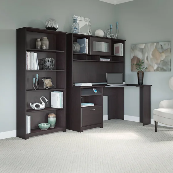 Bush Cabot Corner Desk with Hutch and 5 Shelf Bookcase in Espresso Oak