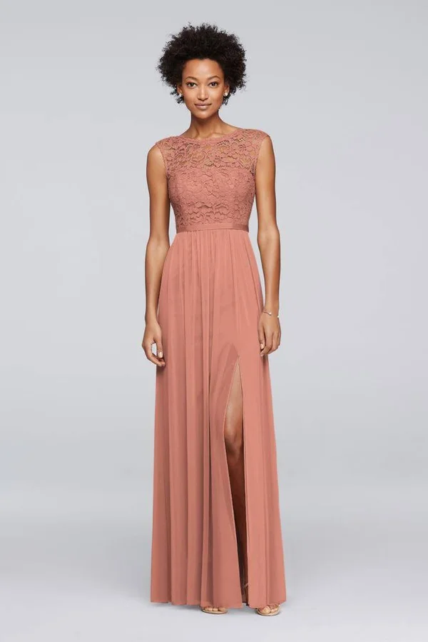David&s Bridal Long Bridesmaid Dress with Lace Bodice - Desert Coral, 12