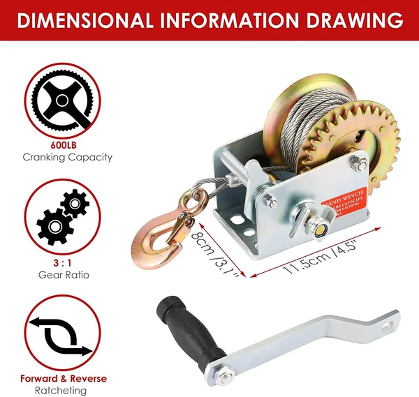Aceshin Heavy Duty Hand Winch - 600lbs Hand Crank Strap Cable Gear Winch ATV Boat Trailer