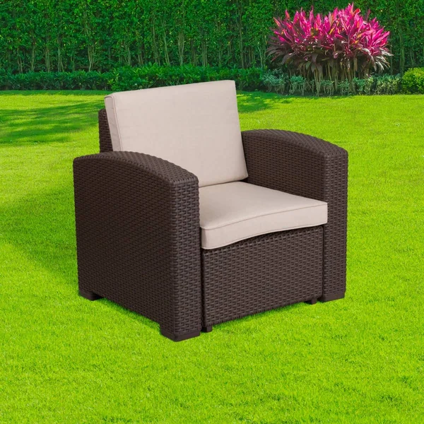 Chocolate Brown Faux Rattan - Chair with All-Weather Beige Cushion