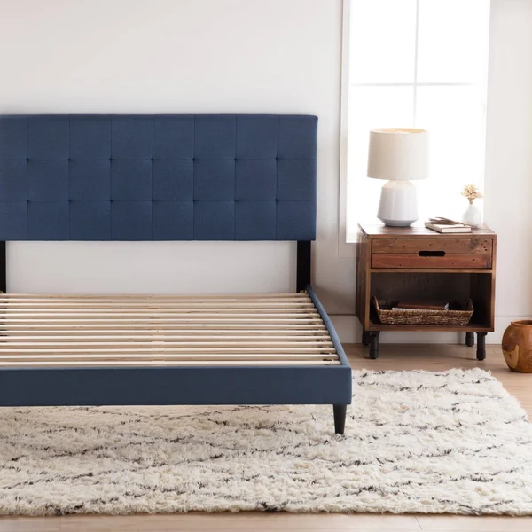 Copper Grove Ayrum Upholstered Bed Frame with Square Tufted Headboard Navy California King
