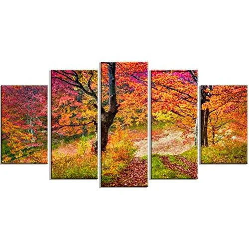 Designart &Bright Colorful Fall Trees in Forest& Large Landscape Art Canvas Print - Orange - 60 in. Wide x 32 in. High - 5 Panel