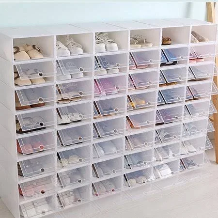 12pcs Thicken Shoes Box Transparent Stackable Shoes Storage Box Plastic Shoe Container - Size S (White), Size: 21.3