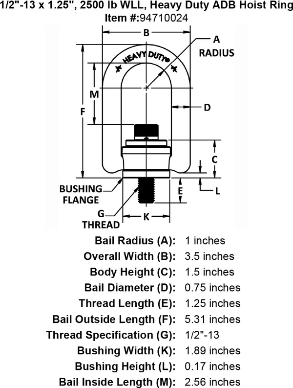 1/2-13 x 1.25 - 2500 lb WLL, Heavy Duty ADB Hoist Ring 33516