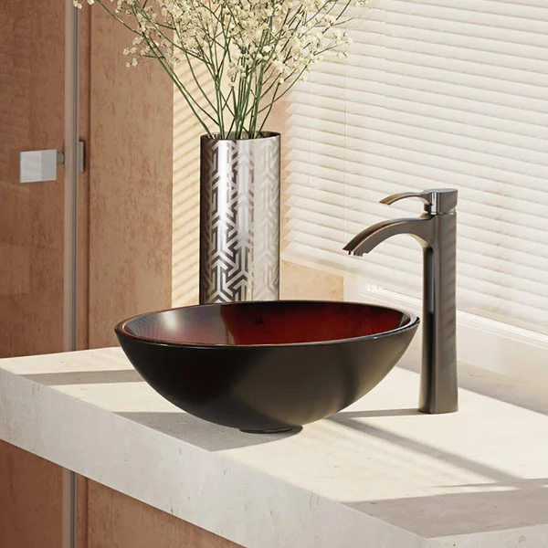 Rene R5-5007-R9-7006-ABR Foil Undertone Glass Vessel Sink with Antique Bronze Vessel Faucet, Sink Ring, and Vessel Pop-Up Drain