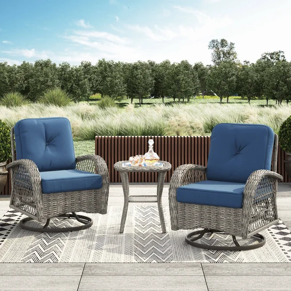 Corvus Livorno Outdoor 3-Piece Wicker Chat Set with Swivel Chairs - Blue