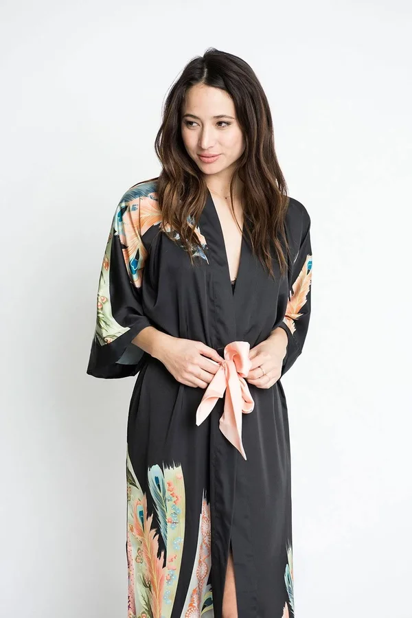 Peacock Feather Kimono Robe - Long - KIM + ONO white, one size