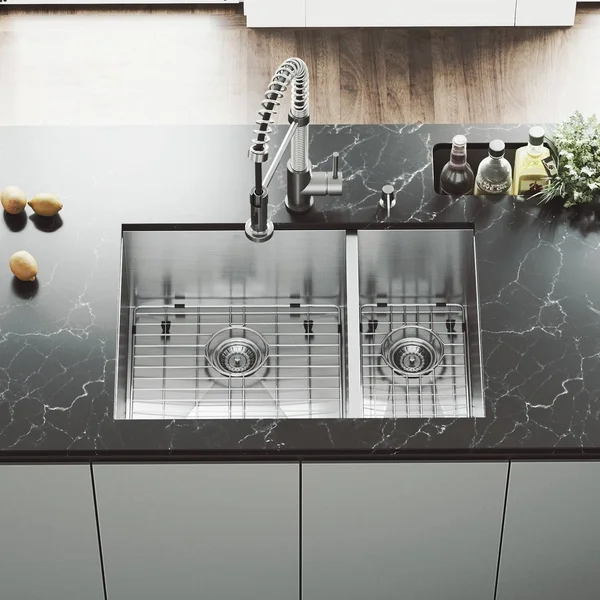 Vigo VG15176 All in One 29x22 Undermount Stainless Steel Double Bowl Kitchen Sink and Faucet Set
