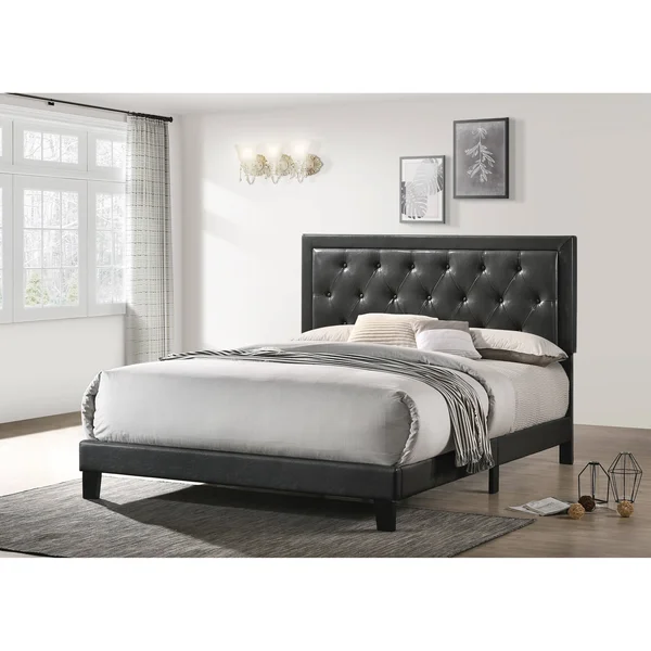 Best Quality Furniture Black Faux Leather Panel Bed - Queen
