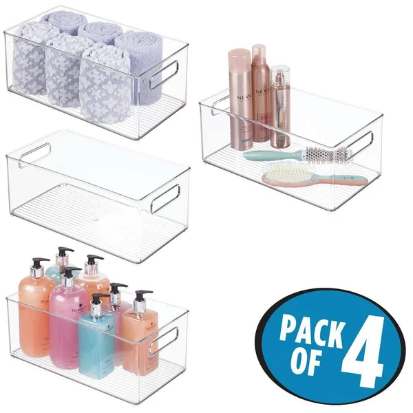 mDesign Plastic Bathroom Storage Bin Tote with Handles, 4 Pack - Clear