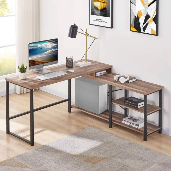 Bon Augure L Shaped Desk with Shelves, Reversible Corner Computer Desk, Rustic W