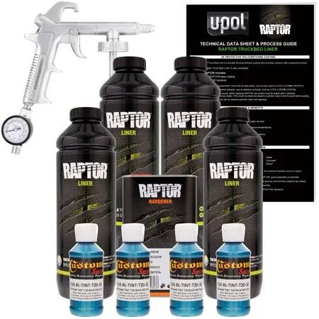 Custom Shop U-POL Raptor Bright Silver Urethane Spray-On Truck Bed Liner Kit w/ Free Custom Coat Spray Gun with Regulator, 6 Lit