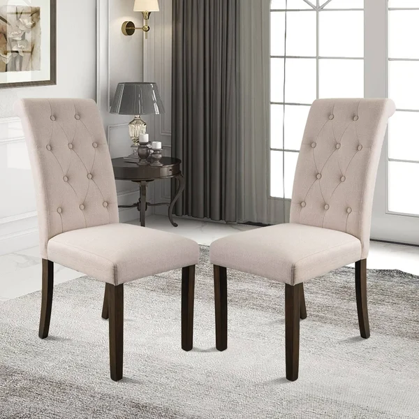 Beige Linen Tufted Dining Chair with Solid Wood Legs (Set of 2)