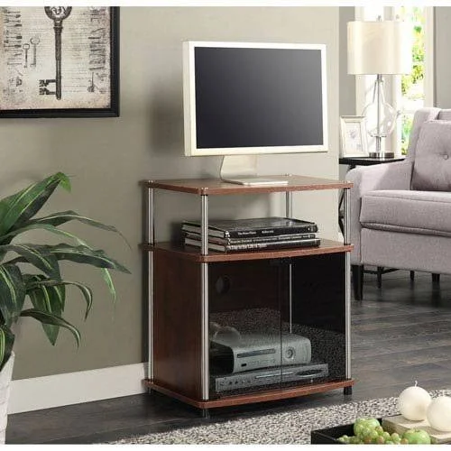 Convenience Concepts TV Stand with Black Glass Cabinet - Cherry
