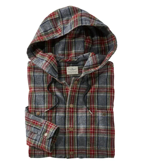 Scotch Plaid Flannel Hooded Shirt - Slightly Fitted Gray Large, L.L.Bean