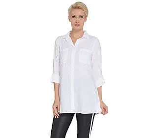 Side Stitch Button Front Tunic with Roll-Tab Sleeve, Size Medium, White