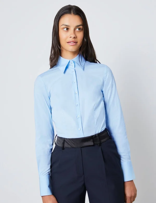 Hawes & Curtis Women's Fitted Shirt with High Long Collar in Ice Blue, Size 14, Single Cuff