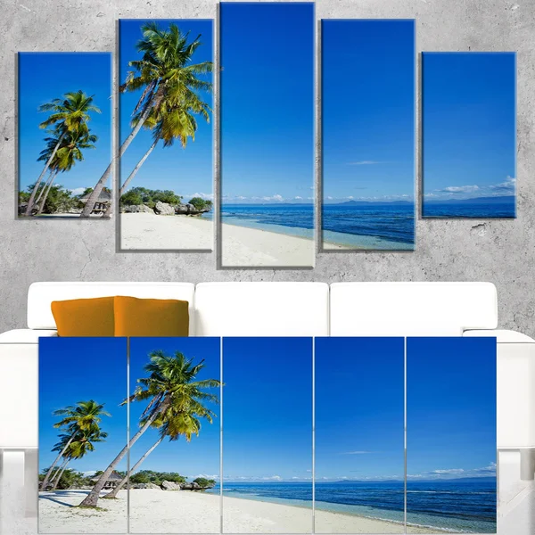 Designart 'Palms Bent to Beautiful Vacation Beach' 4 Piece Photographic Print on Wrapped Canvas Set