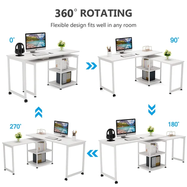 55 inch Corner Computer Desk - Reversible L-Shaped Desk 360癛otating - Black