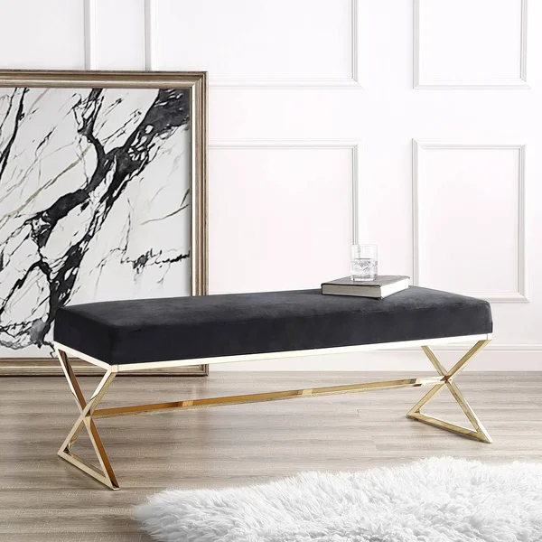 Inspired Home della Entryway Velvet Bench with Gold or Chrome X-Legs - Size: Black/ Gold