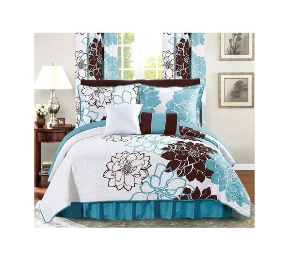 All American Collection New 4pc Printed Reversible Bedspread Set with Dust Ruffle Twin Size - Turquoise/Brown