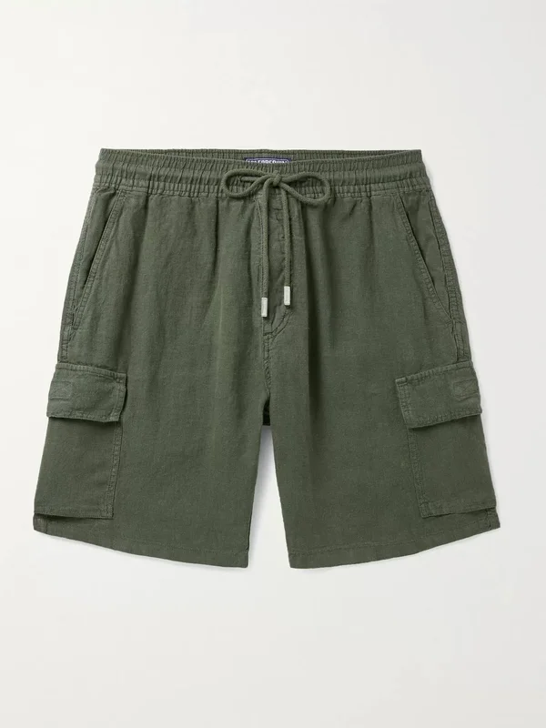 Men Linen Bermuda Shorts Cargo Pockets - Bermuda - Baie - Green - Size XXL - Vilebrequin