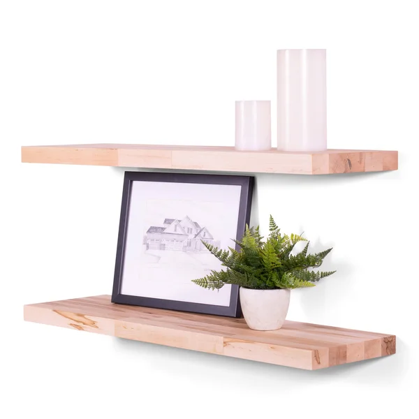 Dakoda Love Floating Shelves, Butcher Block, Solid Hardwood, Premium Craftsman Quality, Easy Hidden Bracket Wall Mount, Set
