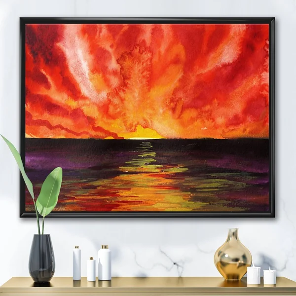Designart 'Bright Red Sunset Over Ocean' Modern Framed Canvas Wall Art Print - 20 in. Wide x 12 in. High - White