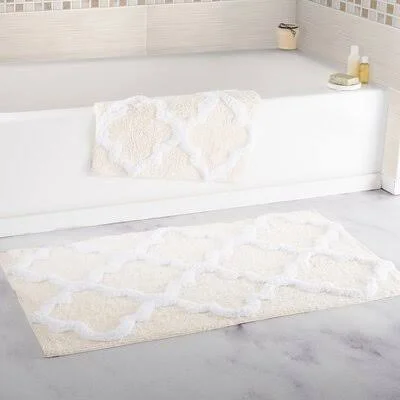 The Twillery Co. Brandt Rectangular 100% Cotton Non-Slip Geometric Bath Rug Set Color: Bone