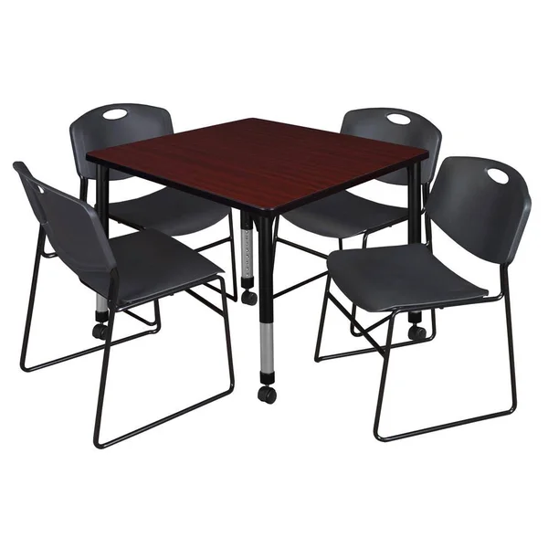 Regency Kee 42x22 Square Height Adjustable Moblie Classroom Table - Mahogany & 4 Zeng Stack Chairs- Black