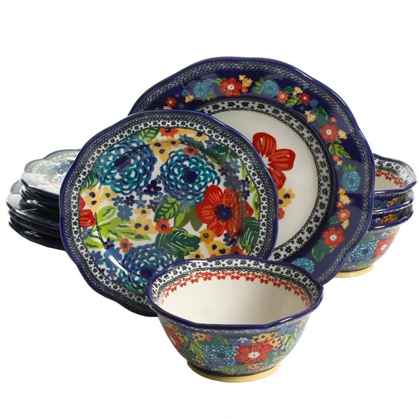 The Pioneer Woman Dazzling Dahlias 12-Piece Dinnerware Set - Cobalt