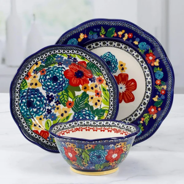 The Pioneer Woman Dazzling Dahlias 12-Piece Dinnerware Set - Cobalt