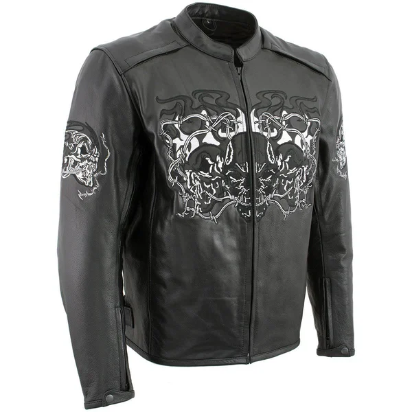 Xelement B95010 'bones' Men's Black Armored Cruiser Motorcycle Jacket With Reflective Skulls - Black - 5x-large