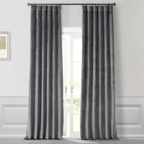 Exclusive Fabrics & Furnishings Digital Grey Gray Performance Velvet 50 in. W x 96 in. L Rod Pocket Blackout Curtain Pair (2