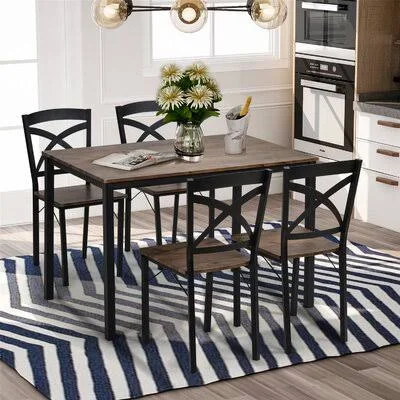 5-Piece Industrial Wooden Dining Set with Metal Frame and 4 Ergonomic Chairs 17 Stories Table Top Color: Brown - Chair Color: Bro