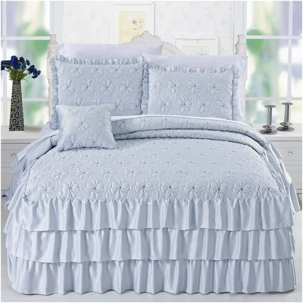 Serenta 4 Piece Matte Satin Ruffle Quilted Bedspread Set, Pink, Queen