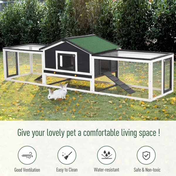PawHut 2-Story Large Wooden Rabbit Hutch Pet House with Ramps, Lockable Doors, Run Area and Asphalt Roof for Outdoor Use