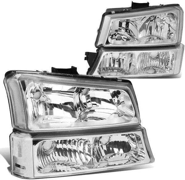 DNA Motoring for 03-06 Chevy Silverado/Avalanche 4pcs Headlight+Bumper Lamp Chrome Housing Clear Corner 1 Gen 04 05 Left+Right