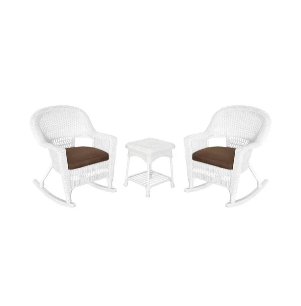 Jeco 3 Piece Rocker Wicker Chair Set with Brown CUSHION, Espresso