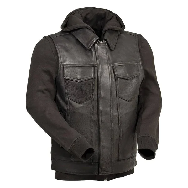 Kent - Men's Motorcycle Leather Vest with Sweatshirt M, Black Sweatshirt