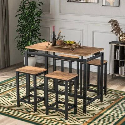 5-Piece Kitchen Counter Height Table Set - Industrial Dining Table with 4 Chairs 17 Stories Table Top Color: Brown, Chair