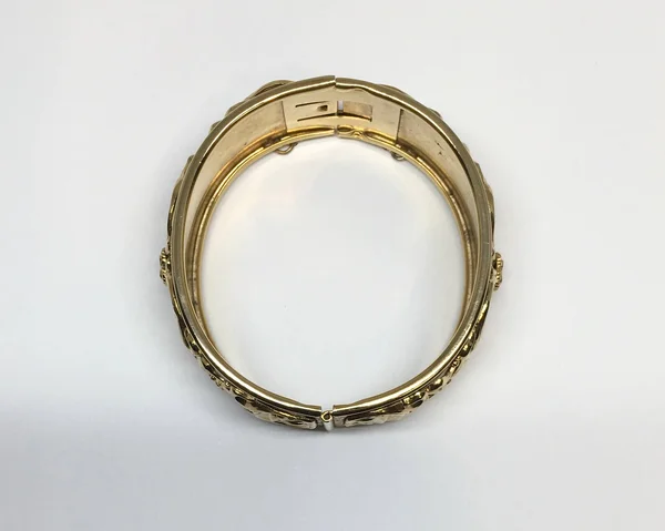 Estate Gold Tone Wide Scroll Heart Oval Bangle Bracelet with Safety Chain
