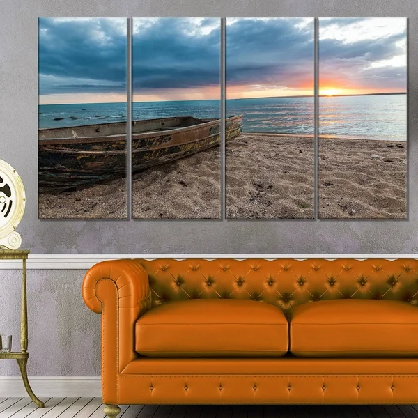 Design Art Rusty Row Boat on Sand at Sunset 5 Piece Photographic Print on Wrapped Canvas Set, Brown