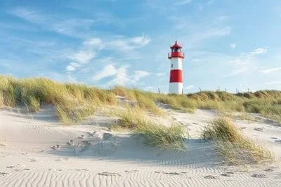 Framed Canvas Art - Lighthouse on The Dune Beach, North Sea Coast, Sylt, Schleswig Holstein, Germany by Jan Becke art)