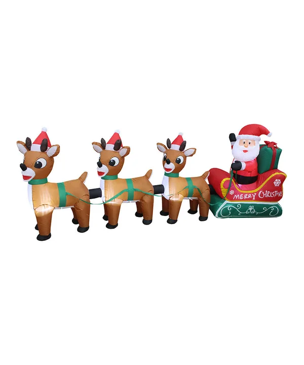 Blossom Inflatables 8 Foot Long Lighted Christmas Inflatable Santa Claus on Sleigh with Three Reindeer Deer Party Yard Indoor Ou