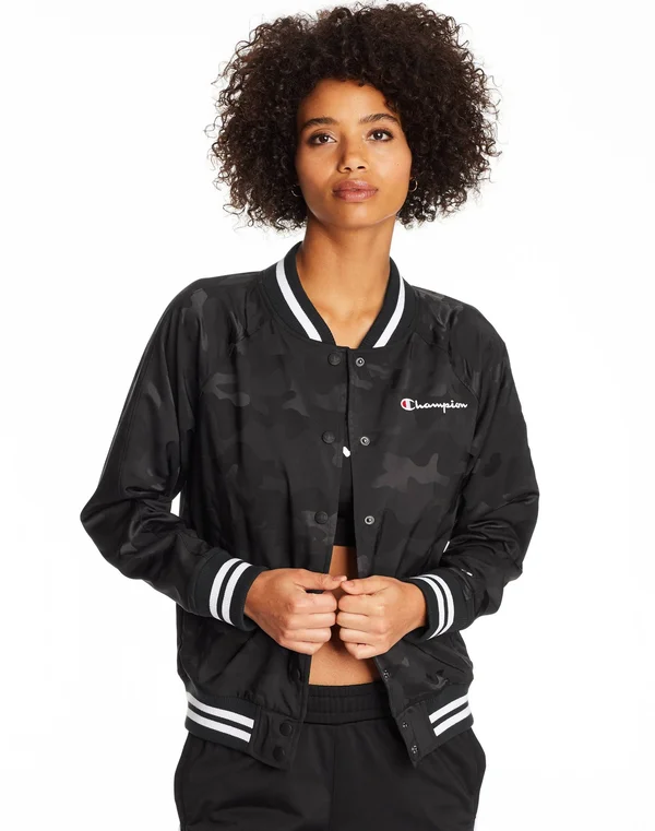 Champion Life Women's Bomber Camo Jacket, Block Arch Logo Black XL