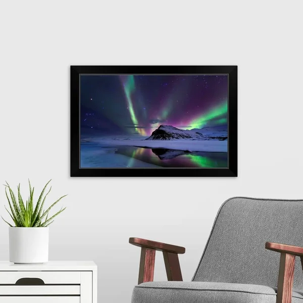 Northern Lights Reflection - Black Framed Wall Art, 24x16, Great Big Canvas
