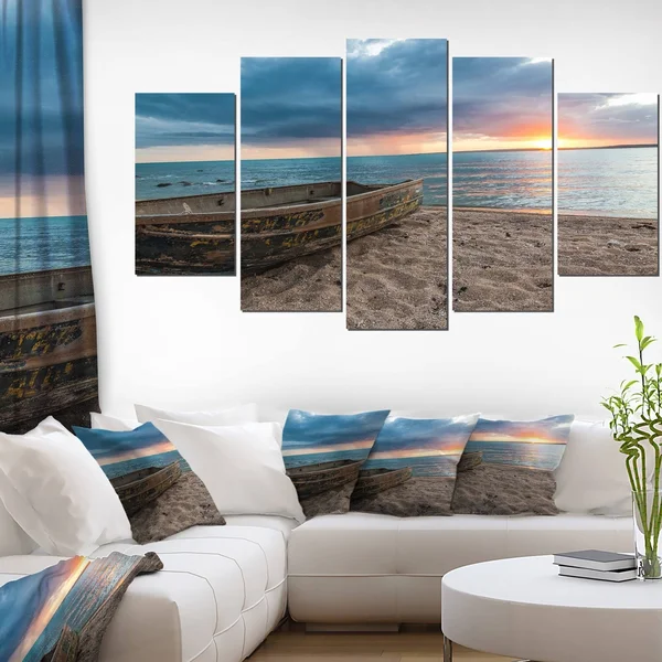 Design Art Rusty Row Boat on Sand at Sunset 5 Piece Photographic Print on Wrapped Canvas Set, Brown