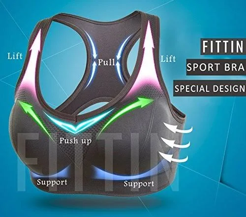 Fittin Womens Padded Sports Bras Wire Free with Removable Pads Grey/black